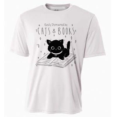 Easily Distracted By Cats And Books Funny Cat & Book Lover Cooling Performance Crew T-Shirt