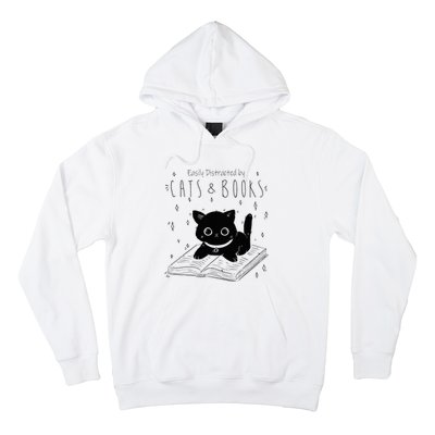 Easily Distracted By Cats And Books Funny Cat & Book Lover Hoodie