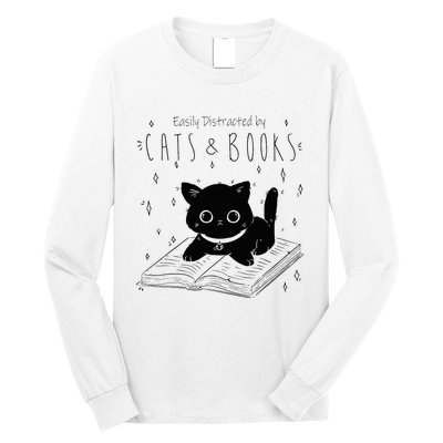 Easily Distracted By Cats And Books Funny Cat & Book Lover Long Sleeve Shirt