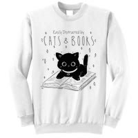 Easily Distracted By Cats And Books Funny Cat & Book Lover Sweatshirt