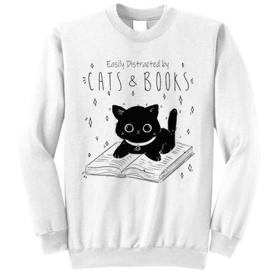 Easily Distracted By Cats And Books Funny Cat & Book Lover Sweatshirt