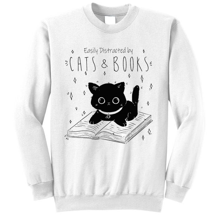 Easily Distracted By Cats And Books Funny Cat & Book Lover Sweatshirt