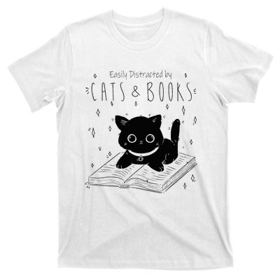 Easily Distracted By Cats And Books Funny Cat & Book Lover T-Shirt