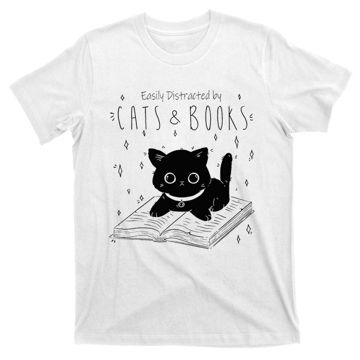 Easily Distracted By Cats And Books Funny Cat & Book Lover T-Shirt