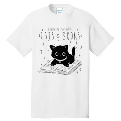 Easily Distracted By Cats And Books Funny Cat & Book Lover Tall T-Shirt