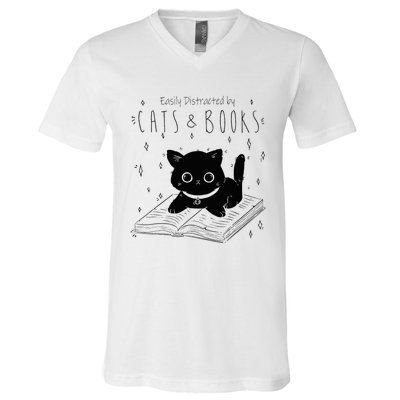 Easily Distracted By Cats And Books Funny Cat & Book Lover V-Neck T-Shirt