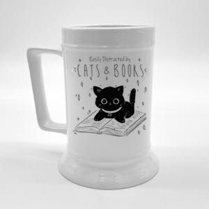 Easily Distracted By Cats And Books Funny Cat & Book Lover Beer Stein