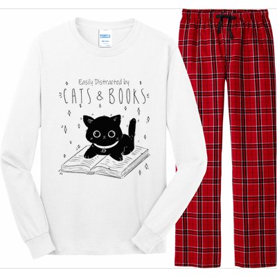 Easily Distracted By Cats And Books Funny Cat & Book Lover Long Sleeve Pajama Set