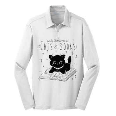 Easily Distracted By Cats And Books Funny Cat & Book Lover Silk Touch Performance Long Sleeve Polo