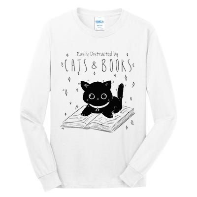 Easily Distracted By Cats And Books Funny Cat & Book Lover Tall Long Sleeve T-Shirt