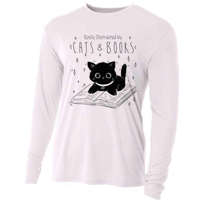 Easily Distracted By Cats And Books Funny Cat & Book Lover Cooling Performance Long Sleeve Crew