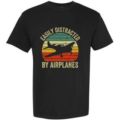 Easily Distracted By Airplanes Lover Pilot Funny Aviation Garment-Dyed Heavyweight T-Shirt