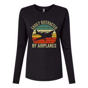 Easily Distracted By Airplanes Lover Pilot Funny Aviation Womens Cotton Relaxed Long Sleeve T-Shirt