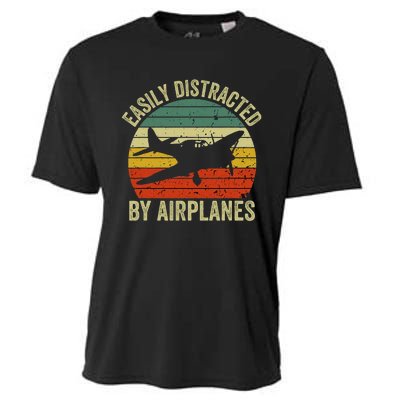 Easily Distracted By Airplanes Lover Pilot Funny Aviation Cooling Performance Crew T-Shirt