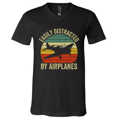 Easily Distracted By Airplanes Lover Pilot Funny Aviation V-Neck T-Shirt