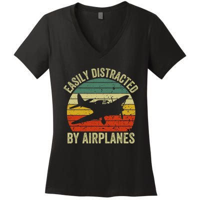 Easily Distracted By Airplanes Lover Pilot Funny Aviation Women's V-Neck T-Shirt