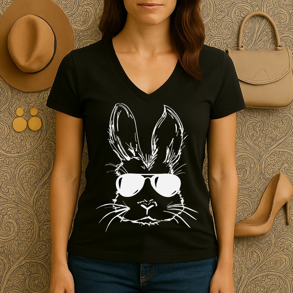 Easter Day Bunny Face With Sunglasses Easter Women's V-Neck T-Shirt