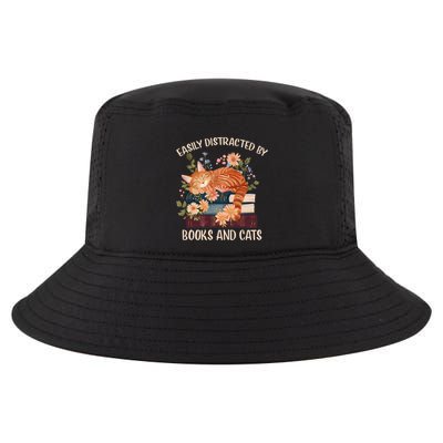 Easily Distracted By Cats And Books Funny Bookworm Cat Reading Gift Cool Comfort Performance Bucket Hat