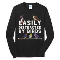 Easily Distracted By Birds Funny Bird Lover Birdwatching Tall Long Sleeve T-Shirt