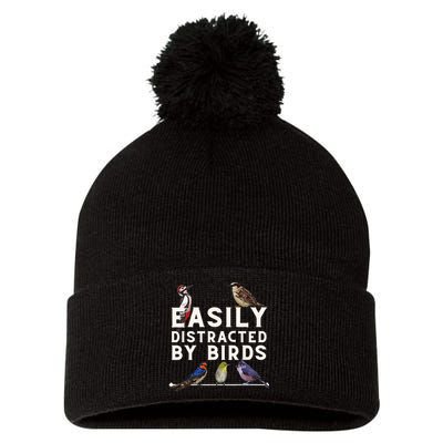 Easily Distracted By Birds Funny Bird Lover Birdwatching Pom Pom 12in Knit Beanie