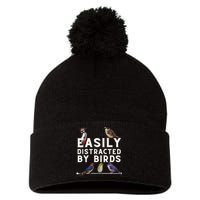 Easily Distracted By Birds Funny Bird Lover Birdwatching Pom Pom 12in Knit Beanie