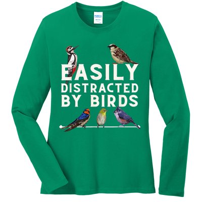 Easily Distracted By Birds Funny Bird Lover Birdwatching Ladies Long Sleeve Shirt