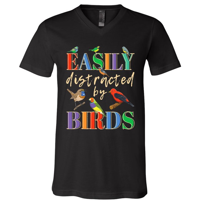 Easily Distracted By Birds Funny Bird Lover V-Neck T-Shirt