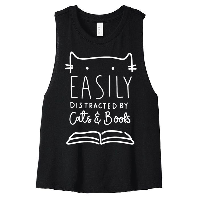 Easily Distracted By Cats And Books Cat & Book Lover Women's Racerback Cropped Tank