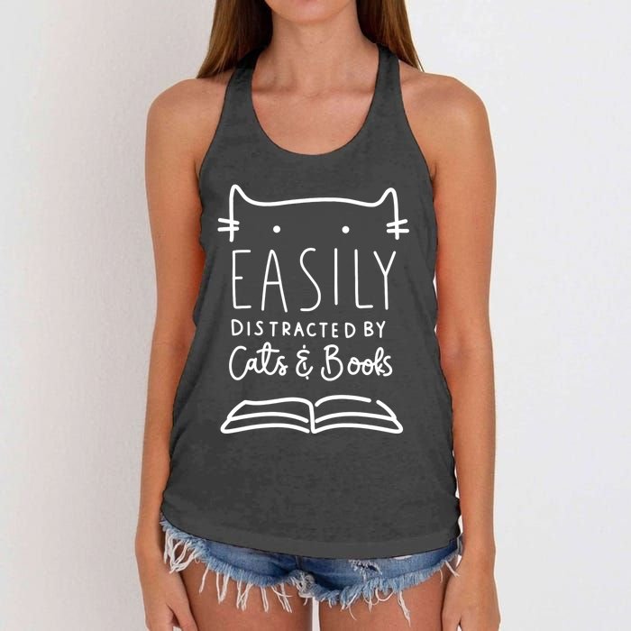 Easily Distracted By Cats And Books Cat & Book Lover Women's Knotted Racerback Tank