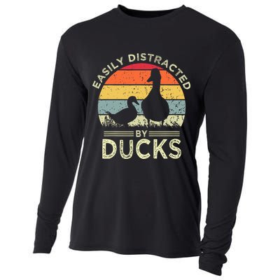 Easily Distracted By Ducks Funny Vintage Duck Lover Cooling Performance Long Sleeve Crew