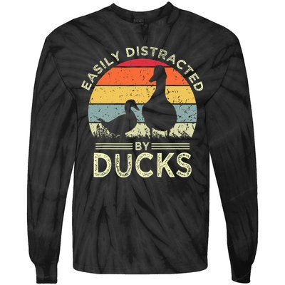 Easily Distracted By Ducks Funny Vintage Duck Lover Tie-Dye Long Sleeve Shirt