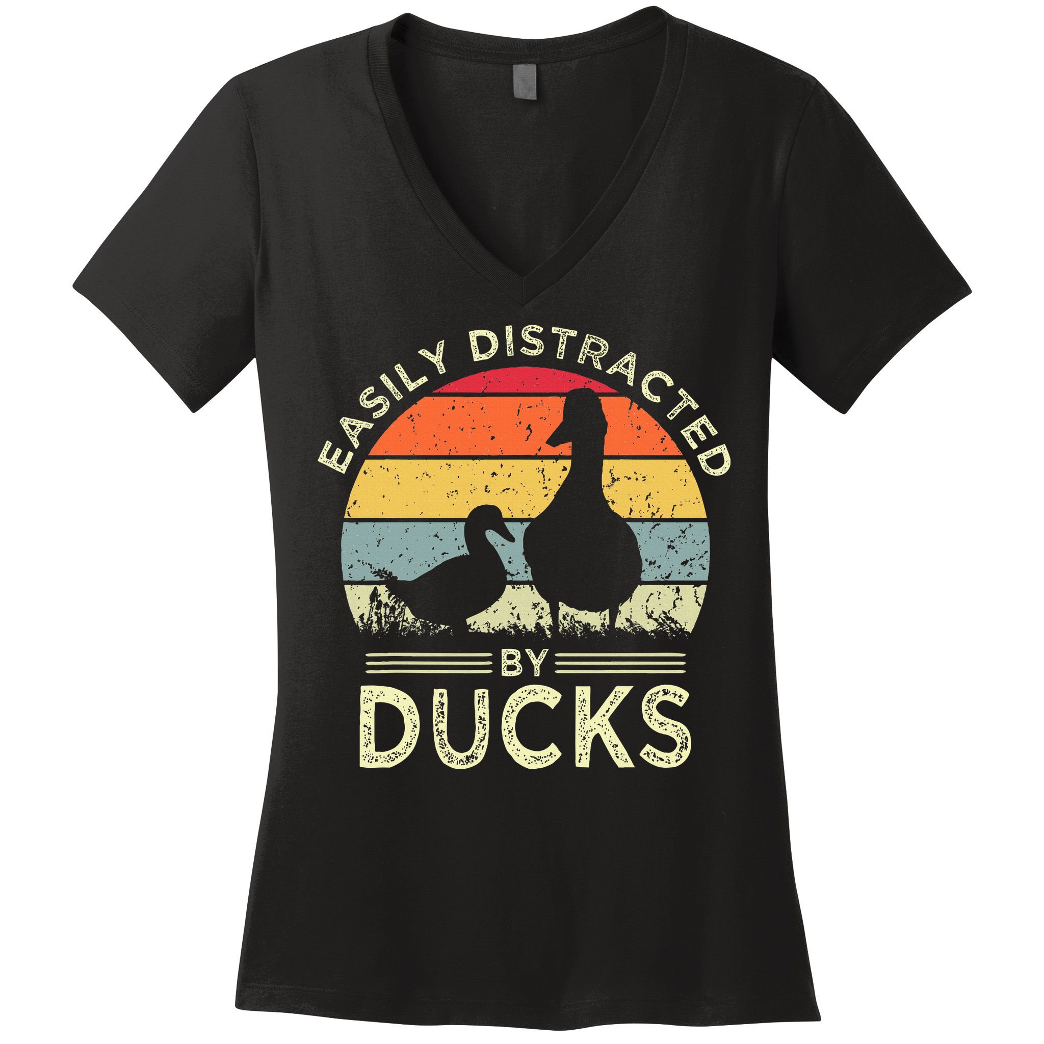 Easily Distracted By Ducks Funny Vintage Duck Lover Women's V-Neck T-Shirt