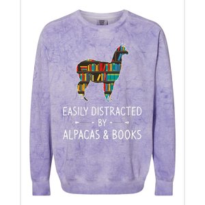 Easily Distracted By Alpacas & Books Lover Gift Vicuna Llama Colorblast Crewneck Sweatshirt