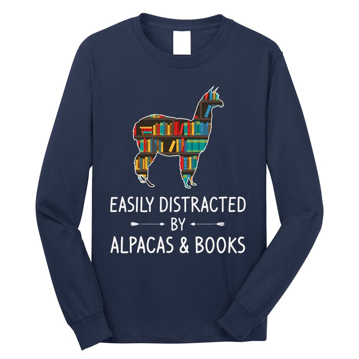 Easily Distracted By Alpacas & Books Lover Gift Vicuna Llama Long Sleeve Shirt