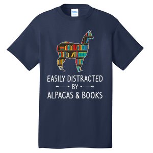 Easily Distracted By Alpacas & Books Lover Gift Vicuna Llama Tall T-Shirt