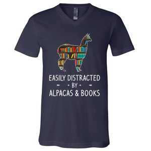 Easily Distracted By Alpacas & Books Lover Gift Vicuna Llama V-Neck T-Shirt