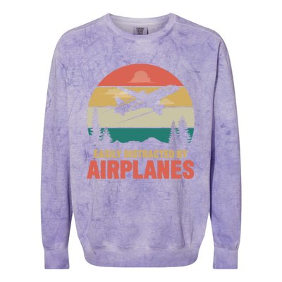 Easily Distracted By Airplanes Retro Airplane Funny Pilot Gift Colorblast Crewneck Sweatshirt