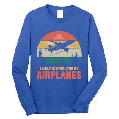 Easily Distracted By Airplanes Retro Airplane Funny Pilot Gift Long Sleeve Shirt