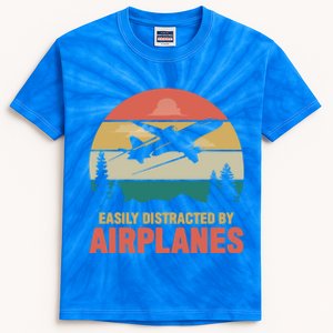 Easily Distracted By Airplanes Retro Airplane Funny Pilot Gift Kids Tie-Dye T-Shirt