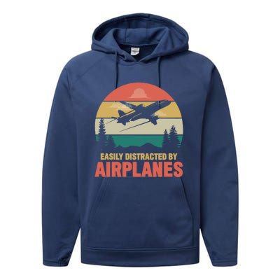 Easily Distracted By Airplanes Retro Airplane Funny Pilot Gift Performance Fleece Hoodie