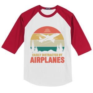 Easily Distracted By Airplanes Retro Airplane Funny Pilot Gift Kids Colorblock Raglan Jersey