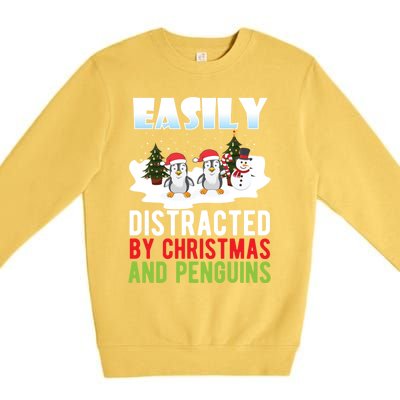 Easily Distracted By Christmas And Penguins Xmas Animal Gift Great Gift Premium Crewneck Sweatshirt