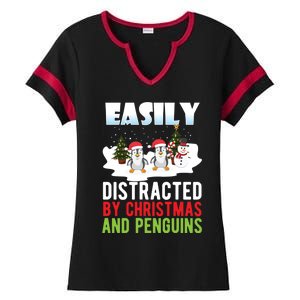 Easily Distracted By Christmas And Penguins Xmas Animal Gift Great Gift Ladies Halftime Notch Neck Tee