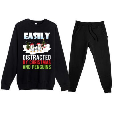 Easily Distracted By Christmas And Penguins Xmas Animal Gift Great Gift Premium Crewneck Sweatsuit Set