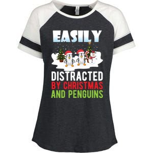 Easily Distracted By Christmas And Penguins Xmas Animal Gift Great Gift Enza Ladies Jersey Colorblock Tee