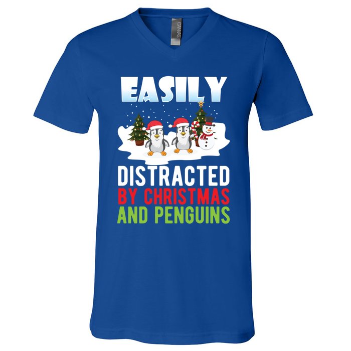 Easily Distracted By Christmas And Penguins Xmas Animal Gift Great Gift V-Neck T-Shirt