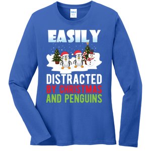 Easily Distracted By Christmas And Penguins Xmas Animal Gift Great Gift Ladies Long Sleeve Shirt