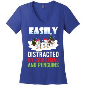 Easily Distracted By Christmas And Penguins Xmas Animal Gift Great Gift Women's V-Neck T-Shirt