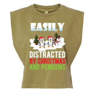 Easily Distracted By Christmas And Penguins Xmas Animal Gift Great Gift Garment-Dyed Women's Muscle Tee