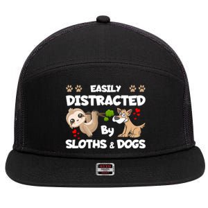 Easily Distracted By Sloths And Dogs Cool Gift 7 Panel Mesh Trucker Snapback Hat